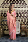 Shubh Lakshmi 2.0 ~ Handloom High Quality Pure Crepe Silk Saree in Light Peach and Gold (Silk Mark Certified) - verymuchindian.com