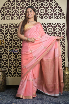 Shubh Lakshmi 2.0 ~ Handloom High Quality Pure Crepe Silk Saree in Light Peach and Gold (Silk Mark Certified) - verymuchindian.com