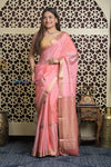 Shubh Lakshmi 2.0 ~ Handloom High Quality Pure Crepe Silk Saree in Light Peach and Gold (Silk Mark Certified) - verymuchindian.com