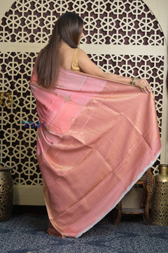 Shubh Lakshmi 2.0 ~ Handloom High Quality Pure Crepe Silk Saree in Light Peach and Gold (Silk Mark Certified) - verymuchindian.com