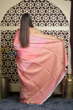 Shubh Lakshmi 2.0 ~ Handloom High Quality Pure Crepe Silk Saree in Light Peach and Gold (Silk Mark Certified) - verymuchindian.com