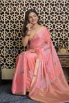 Shubh Lakshmi 2.0 ~ Handloom High Quality Pure Crepe Silk Saree in Light Peach and Gold (Silk Mark Certified) - verymuchindian.com
