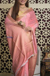 Shubh Lakshmi 2.0 ~ Handloom High Quality Pure Crepe Silk Saree in Light Peach and Gold (Silk Mark Certified) - verymuchindian.com