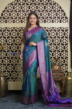 Shubh Lakshmi 2.0 ~ Handloom High Quality Pure Dupion Silk Saree in Teal Blue and Purple (Silk Mark Certified) - verymuchindian.com
