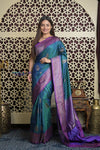 Shubh Lakshmi 2.0 ~ Handloom High Quality Pure Dupion Silk Saree in Teal Blue and Purple (Silk Mark Certified) - verymuchindian.com