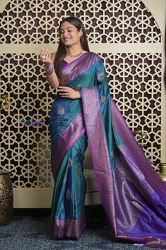 Shubh Lakshmi 2.0 ~ Handloom High Quality Pure Dupion Silk Saree in Teal Blue and Purple (Silk Mark Certified) - verymuchindian.com