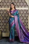 Shubh Lakshmi 2.0 ~ Handloom High Quality Pure Dupion Silk Saree in Teal Blue and Purple (Silk Mark Certified) - verymuchindian.com