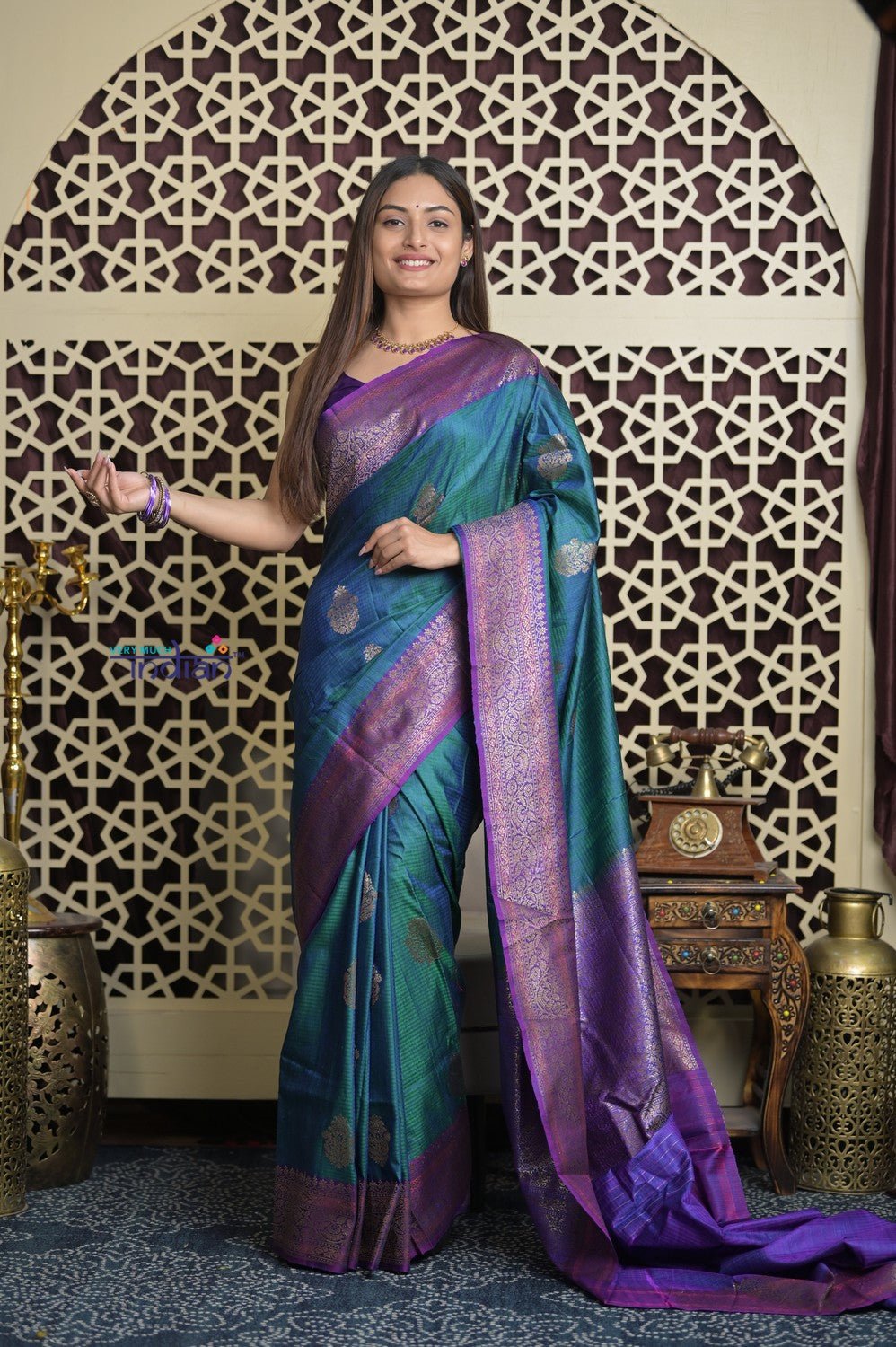 Shubh Lakshmi 2.0 ~ Handloom High Quality Pure Dupion Silk Saree in Teal Blue and Purple (Silk Mark Certified) - verymuchindian.com