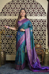 Shubh Lakshmi 2.0 ~ Handloom High Quality Pure Dupion Silk Saree in Teal Blue and Purple (Silk Mark Certified) - verymuchindian.com