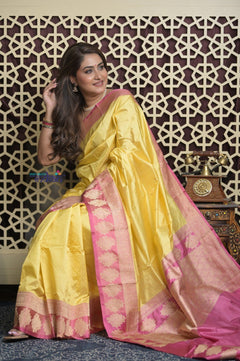 Shubh Lakshmi 2.0 ~ Handloom High Quality Pure Katan Silk Saree in Butter Yellow and Pink (Silk Mark Certified) - verymuchindian.com