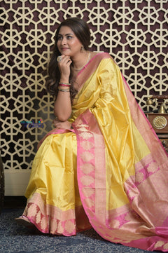 Shubh Lakshmi 2.0 ~ Handloom High Quality Pure Katan Silk Saree in Butter Yellow and Pink (Silk Mark Certified) - verymuchindian.com