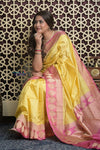 Shubh Lakshmi 2.0 ~ Handloom High Quality Pure Katan Silk Saree in Butter Yellow and Pink (Silk Mark Certified) - verymuchindian.com