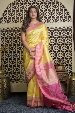 Shubh Lakshmi 2.0 ~ Handloom High Quality Pure Katan Silk Saree in Butter Yellow and Pink (Silk Mark Certified) - verymuchindian.com