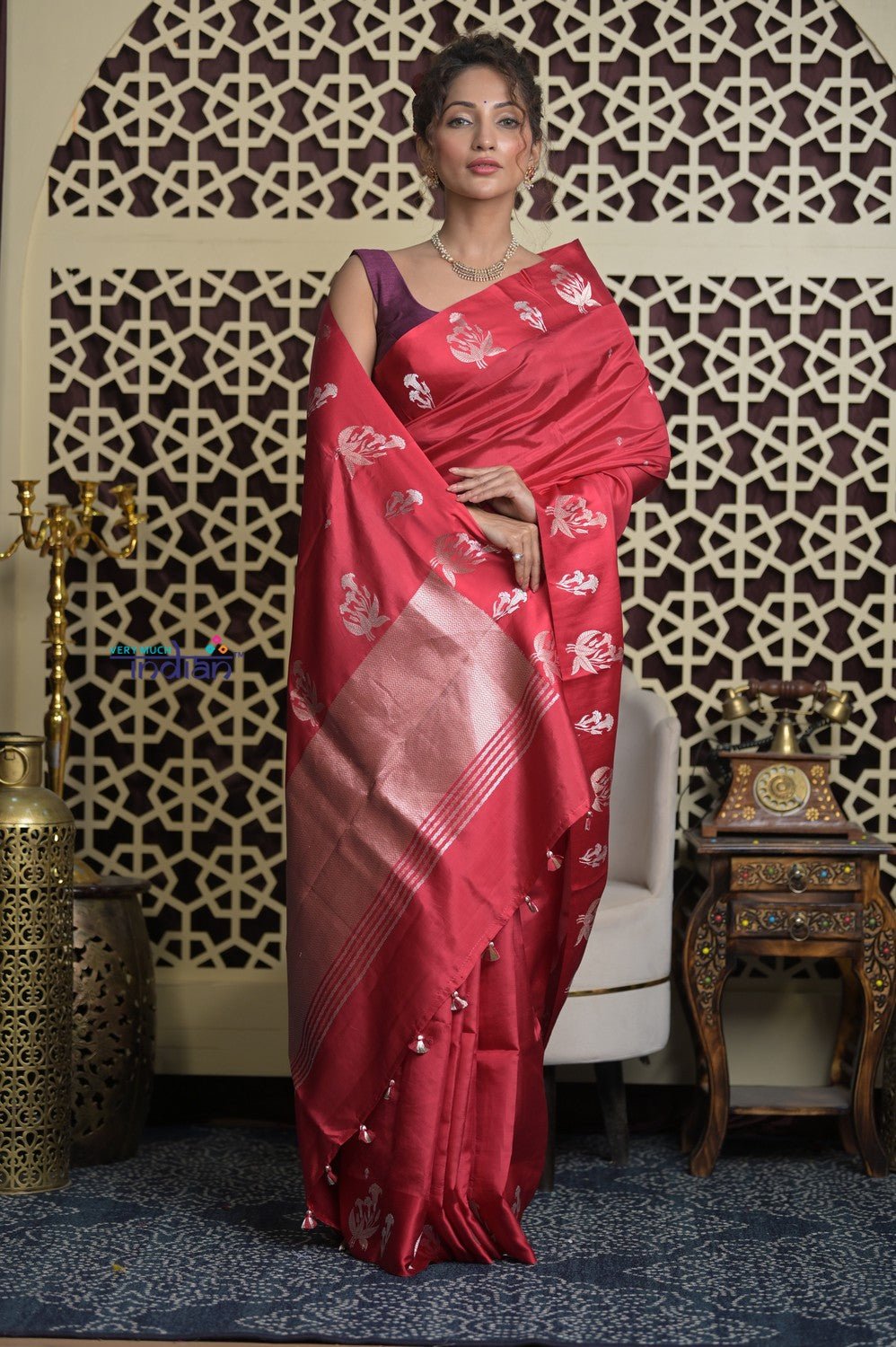 Shubh Lakshmi 2.0 ~ Handloom High Quality Pure Katan Silk Saree in Cerulean Red and Silver (Silk Mark Certified) - verymuchindian.com