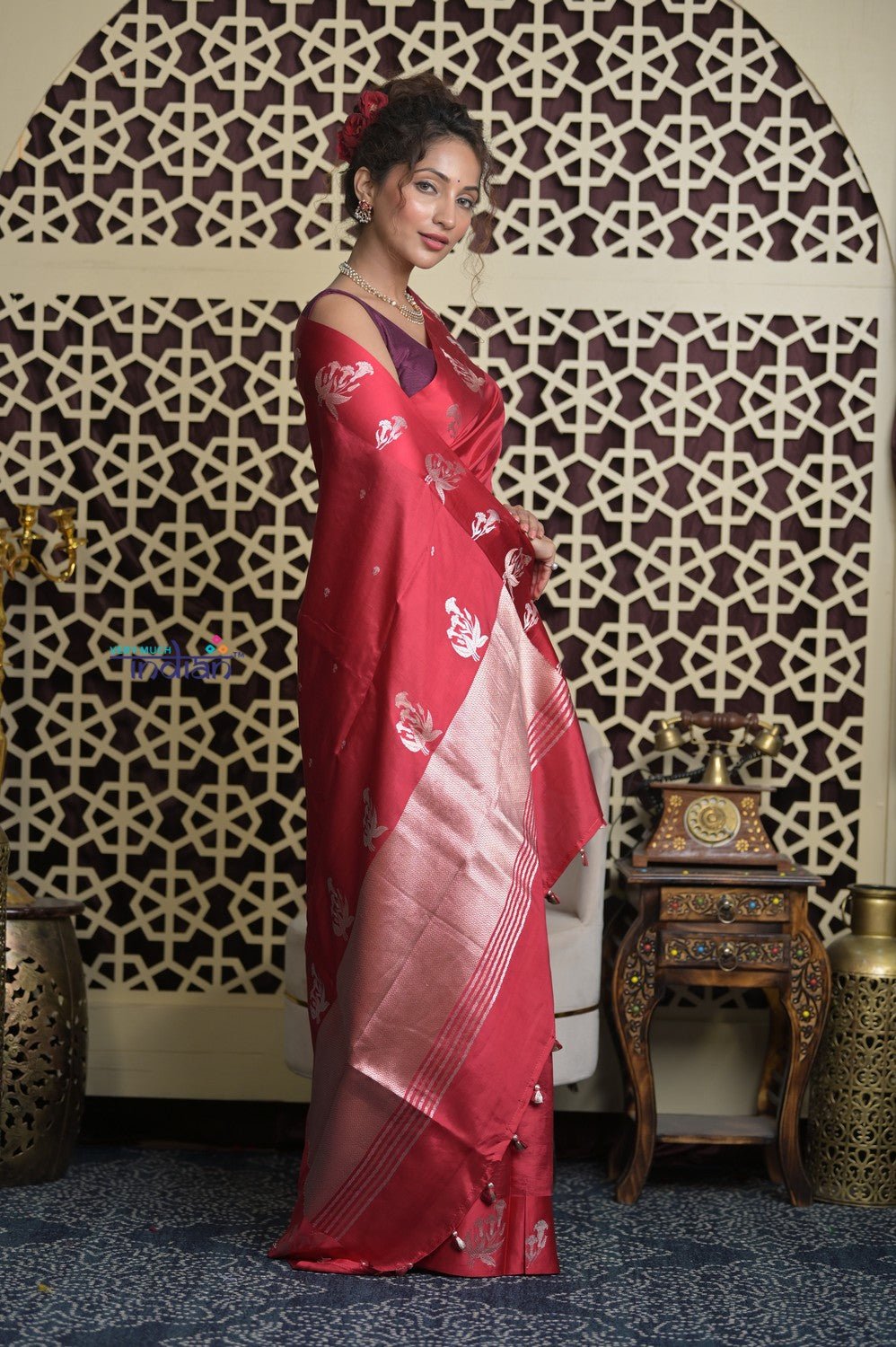 Shubh Lakshmi 2.0 ~ Handloom High Quality Pure Katan Silk Saree in Cerulean Red and Silver (Silk Mark Certified) - verymuchindian.com