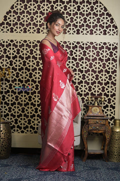 Shubh Lakshmi 2.0 ~ Handloom High Quality Pure Katan Silk Saree in Cerulean Red and Silver (Silk Mark Certified) - verymuchindian.com