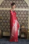 Shubh Lakshmi 2.0 ~ Handloom High Quality Pure Katan Silk Saree in Cerulean Red and Silver (Silk Mark Certified) - verymuchindian.com