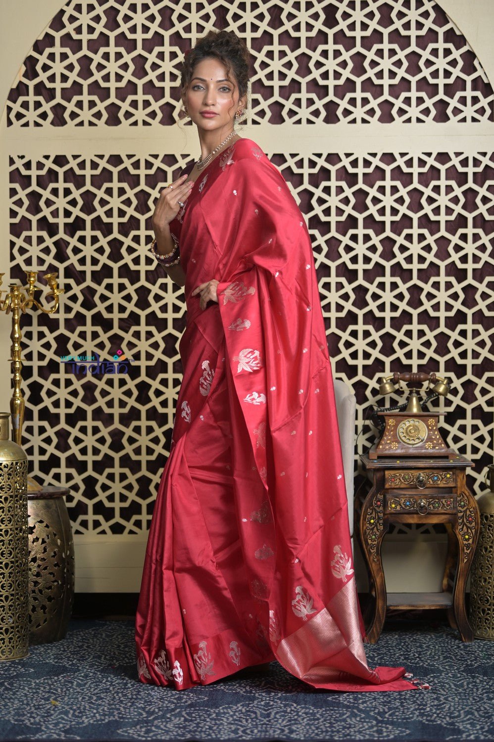 Shubh Lakshmi 2.0 ~ Handloom High Quality Pure Katan Silk Saree in Cerulean Red and Silver (Silk Mark Certified) - verymuchindian.com