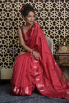 Shubh Lakshmi 2.0 ~ Handloom High Quality Pure Katan Silk Saree in Cerulean Red and Silver (Silk Mark Certified) - verymuchindian.com