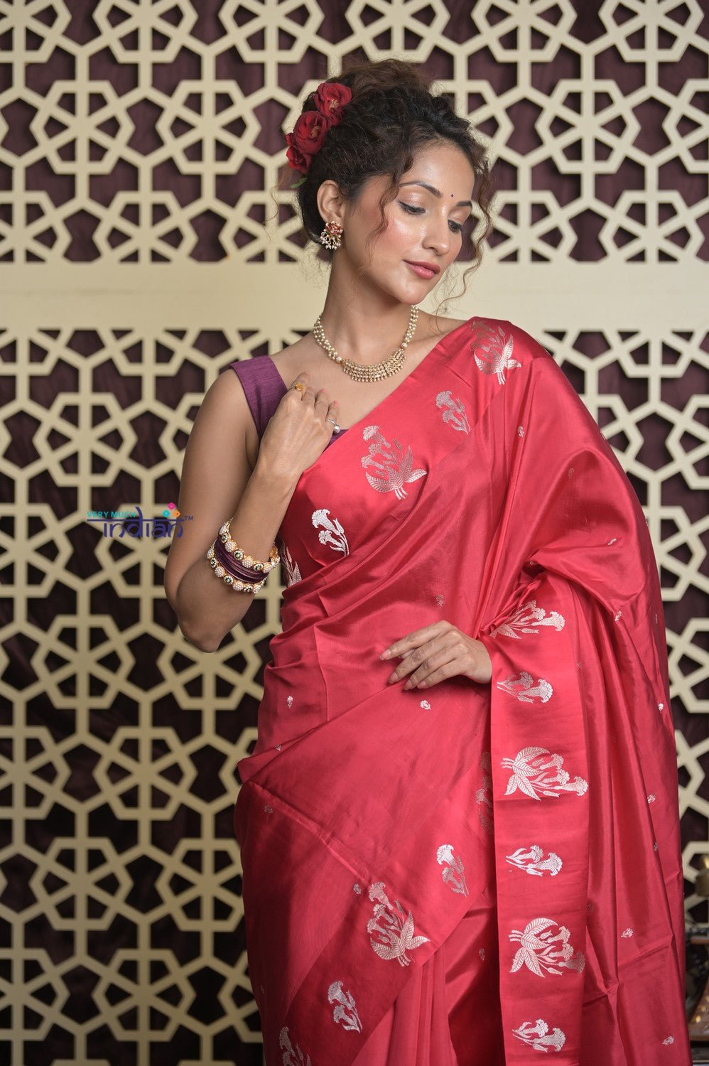 Shubh Lakshmi 2.0 ~ Handloom High Quality Pure Katan Silk Saree in Cerulean Red and Silver (Silk Mark Certified) - verymuchindian.com