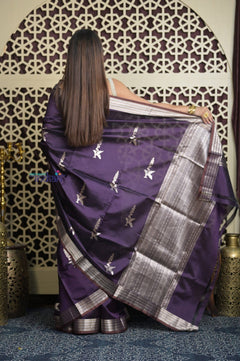 Shubh Lakshmi 2.0 ~ Handloom High Quality Pure Katan Silk Saree in Dark Violet and Silver (Silk Mark Certified) - verymuchindian.com