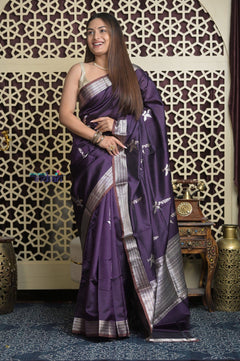Shubh Lakshmi 2.0 ~ Handloom High Quality Pure Katan Silk Saree in Dark Violet and Silver (Silk Mark Certified) - verymuchindian.com