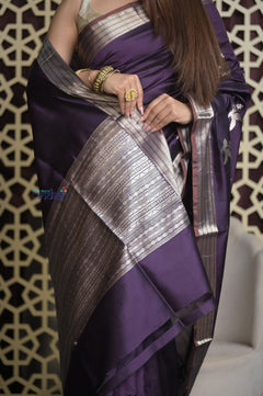Shubh Lakshmi 2.0 ~ Handloom High Quality Pure Katan Silk Saree in Dark Violet and Silver (Silk Mark Certified) - verymuchindian.com