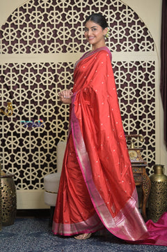 Shubh Lakshmi 2.0 ~ Handloom High Quality Pure Katan Silk Saree in Delight Red and Pink (Silk Mark Certified) - verymuchindian.com