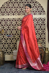Shubh Lakshmi 2.0 ~ Handloom High Quality Pure Katan Silk Saree in Delight Red and Pink (Silk Mark Certified) - verymuchindian.com