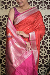 Shubh Lakshmi 2.0 ~ Handloom High Quality Pure Katan Silk Saree in Delight Red and Pink (Silk Mark Certified) - verymuchindian.com