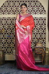Shubh Lakshmi 2.0 ~ Handloom High Quality Pure Katan Silk Saree in Delight Red and Pink (Silk Mark Certified) - verymuchindian.com