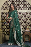 Shubh Lakshmi 2.0 ~ Handloom High Quality Pure Katan Silk Saree in Green and Gold (Silk Mark Certified) - verymuchindian.com