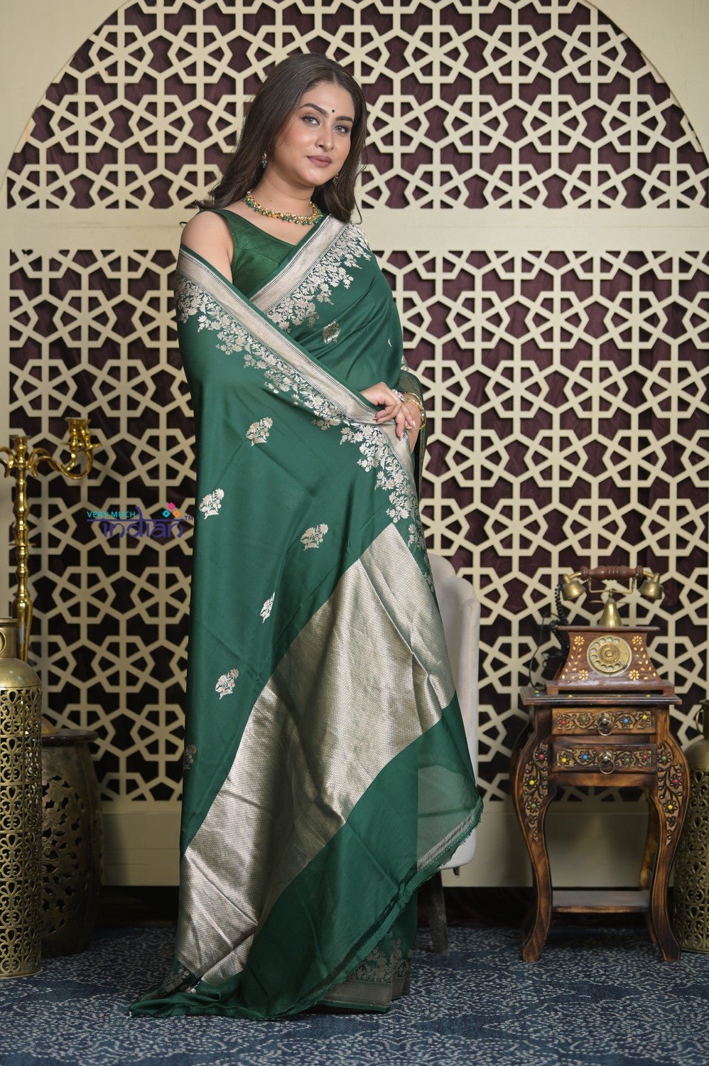Shubh Lakshmi 2.0 ~ Handloom High Quality Pure Katan Silk Saree in Green and Gold (Silk Mark Certified) - verymuchindian.com
