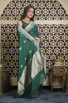 Shubh Lakshmi 2.0 ~ Handloom High Quality Pure Katan Silk Saree in Green and Gold (Silk Mark Certified) - verymuchindian.com