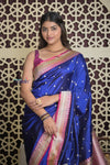 Shubh Lakshmi 2.0 ~ Handloom High Quality Pure Katan Silk Saree in Indigo Blue (Silk Mark Certified) - verymuchindian.com