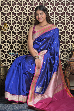Shubh Lakshmi 2.0 ~ Handloom High Quality Pure Katan Silk Saree in Indigo Blue (Silk Mark Certified) - verymuchindian.com