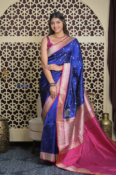 Shubh Lakshmi 2.0 ~ Handloom High Quality Pure Katan Silk Saree in Indigo Blue (Silk Mark Certified) - verymuchindian.com