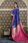Shubh Lakshmi 2.0 ~ Handloom High Quality Pure Katan Silk Saree in Indigo Blue (Silk Mark Certified) - verymuchindian.com