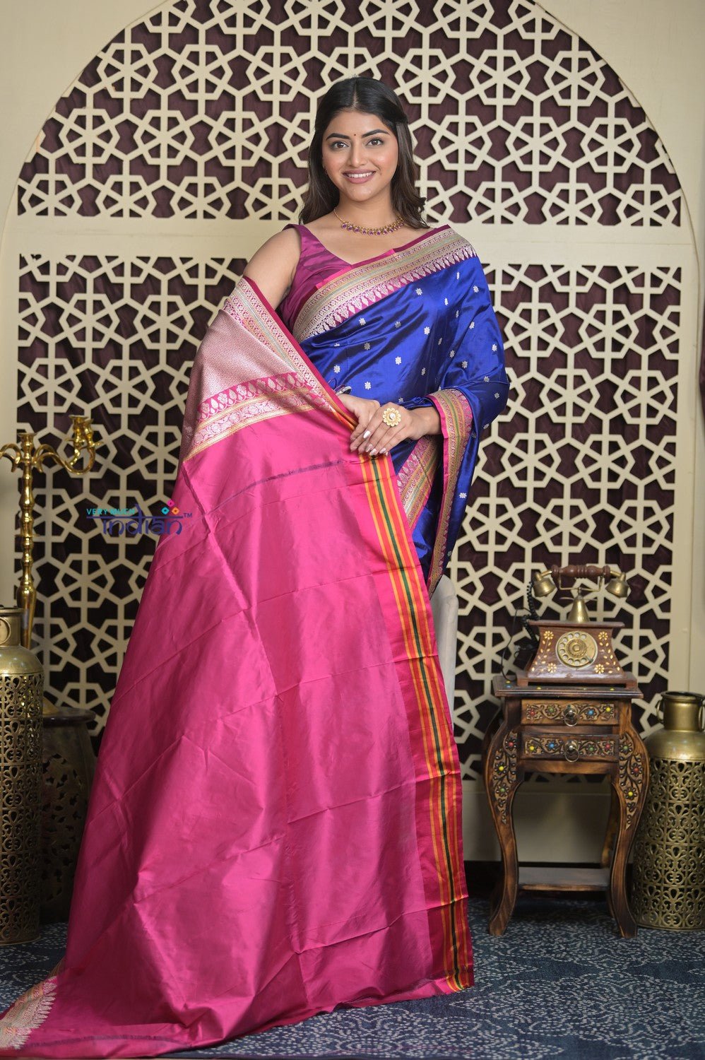 Shubh Lakshmi 2.0 ~ Handloom High Quality Pure Katan Silk Saree in Indigo Blue (Silk Mark Certified) - verymuchindian.com