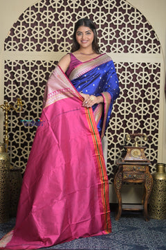 Shubh Lakshmi 2.0 ~ Handloom High Quality Pure Katan Silk Saree in Indigo Blue (Silk Mark Certified) - verymuchindian.com