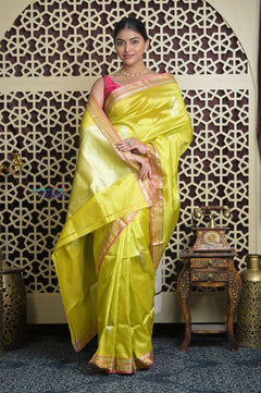 Shubh Lakshmi 2.0 ~ Handloom High Quality Pure Katan Silk Saree in Lime Yellow and Pink (Silk Mark Certified) - verymuchindian.com