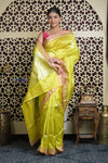Shubh Lakshmi 2.0 ~ Handloom High Quality Pure Katan Silk Saree in Lime Yellow and Pink (Silk Mark Certified) - verymuchindian.com