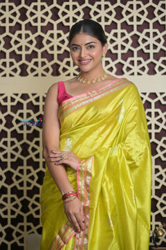 Shubh Lakshmi 2.0 ~ Handloom High Quality Pure Katan Silk Saree in Lime Yellow and Pink (Silk Mark Certified) - verymuchindian.com