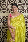 Shubh Lakshmi 2.0 ~ Handloom High Quality Pure Katan Silk Saree in Lime Yellow and Pink (Silk Mark Certified) - verymuchindian.com