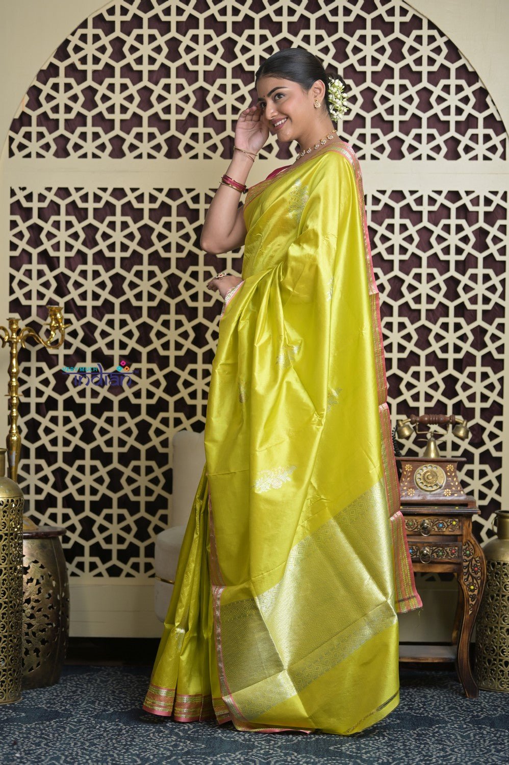 Shubh Lakshmi 2.0 ~ Handloom High Quality Pure Katan Silk Saree in Lime Yellow and Pink (Silk Mark Certified) - verymuchindian.com