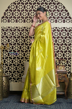 Shubh Lakshmi 2.0 ~ Handloom High Quality Pure Katan Silk Saree in Lime Yellow and Pink (Silk Mark Certified) - verymuchindian.com
