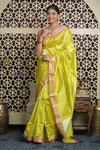 Shubh Lakshmi 2.0 ~ Handloom High Quality Pure Katan Silk Saree in Lime Yellow and Pink (Silk Mark Certified) - verymuchindian.com