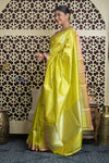Shubh Lakshmi 2.0 ~ Handloom High Quality Pure Katan Silk Saree in Lime Yellow and Pink (Silk Mark Certified) - verymuchindian.com