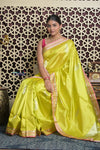 Shubh Lakshmi 2.0 ~ Handloom High Quality Pure Katan Silk Saree in Lime Yellow and Pink (Silk Mark Certified) - verymuchindian.com