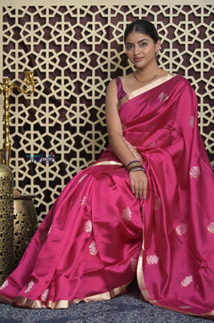 Shubh Lakshmi 2.0 ~ Handloom High Quality Pure Katan Silk Saree in Magenta Pink (Silk Mark Certified) - verymuchindian.com